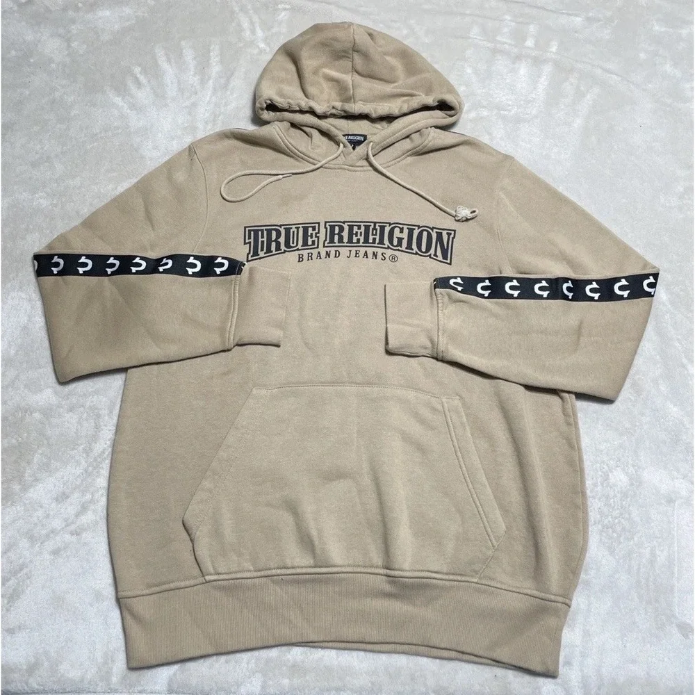 True Religion Hoodie Mens Large Beige Repeating Logo Long Sleeve Sweatshirt